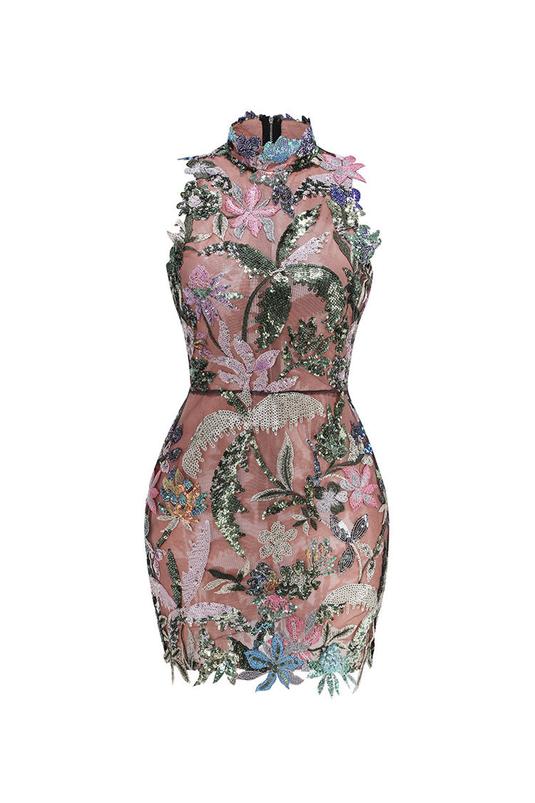 Tropical Floral Embroidered High Neck Sleeveless Sequin Sheer Mesh Mini Dress