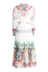 Tropical Floral Puffy Sleeve Button Up Belted Tier Beach Vacation Maxi Dress