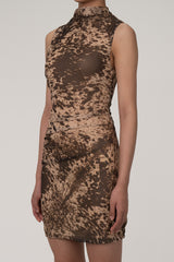 Unique Animal Print Mock Neck Sleeveless Mesh Gathered Party Mini Dress