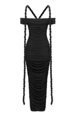 Unique Draped Rose Off Shoulder Ruched Bodycon Jersey Evening Maxi Dress