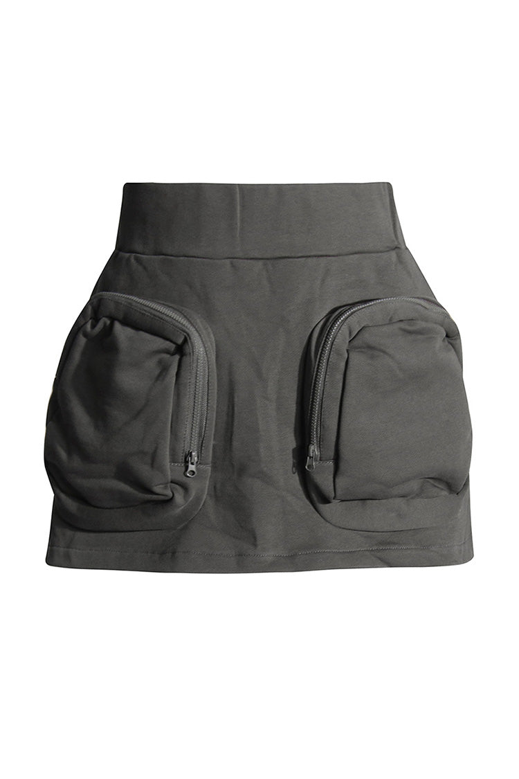 Unique Pocket In Pocket High Waist A Line Solid Color Micro Mini Cargo Skirt