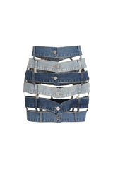 Versatile Multilayer Waistband Cutout Bodycon Button Up Denim Mini Skirt