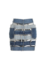 Versatile Multilayer Waistband Cutout Bodycon Button Up Denim Mini Skirt