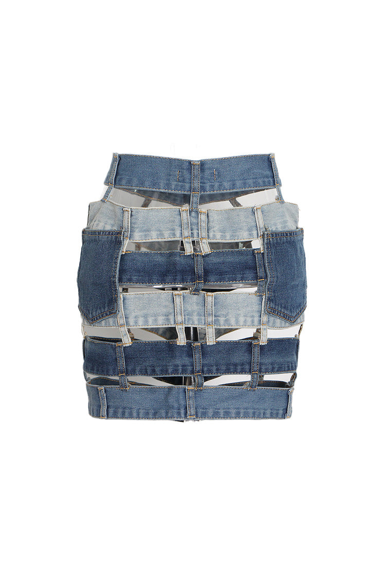 Versatile Multilayer Waistband Cutout Bodycon Button Up Denim Mini Skirt