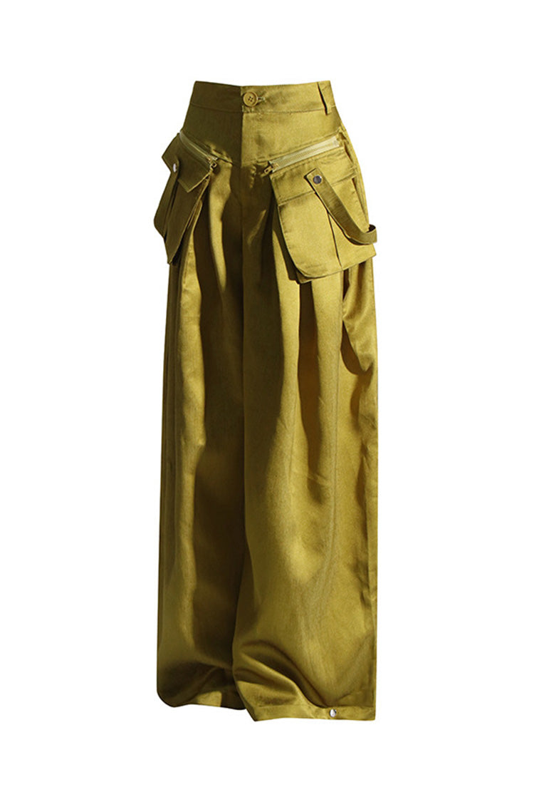 Versatile Ruched Zip Trim Cargo Pocket High Rise Wide Leg Full Length Pants