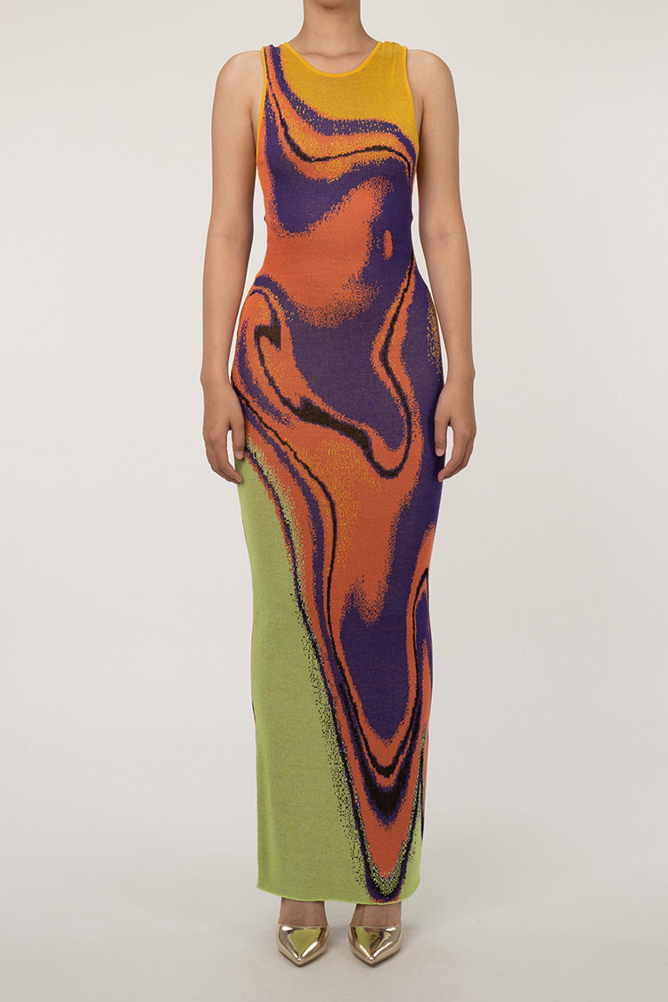 Vibrant Abstract Print Crew Neck Sheath Sleeveless Sweater Maxi Dress