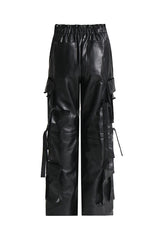 Vintage Draped Multiple Pocket High Waist Wide Leg Leather Cargo Pants