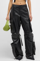 Vintage Draped Multiple Pocket High Waist Wide Leg Leather Cargo Pants