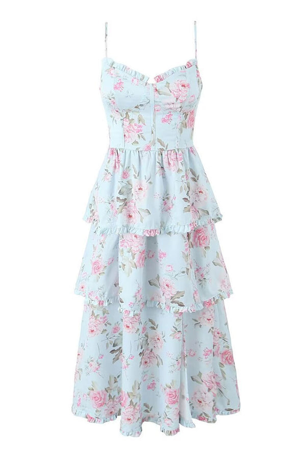 Vintage Floral Print V Neck Spaghetti Strap Ruffle Tiered Midi Sundress