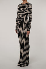 Vintage Geometric Print Crew Neck Long Sleeve Sheath Sweater Maxi Dress