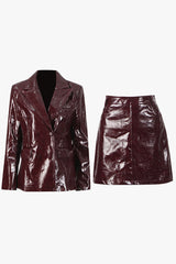 Vintage Lapel Double Breasted Faux Leather Blazer Two Piece Mini Dress