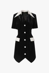 Vintage Pointed Collar Button Up Strong Shoulder Velvet Party Mini Dress