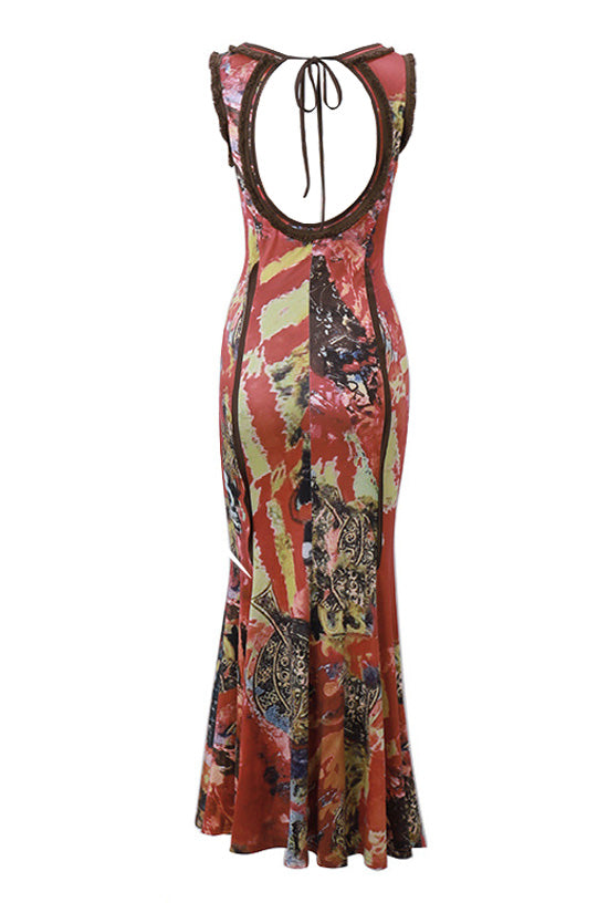 Vintage Print Frayed Scoop Neck Cutout Sleeveless Fishtail Boho Maxi Dress