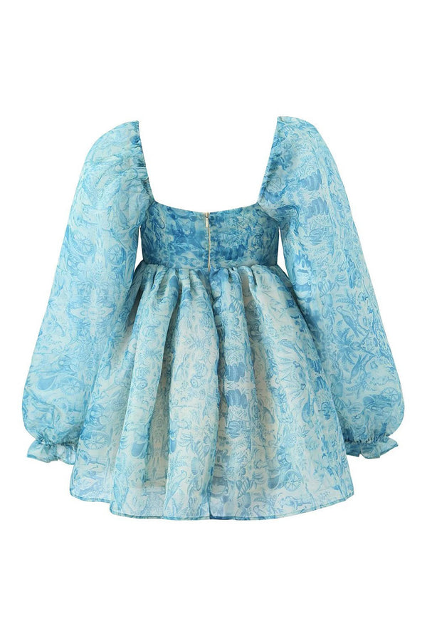 Vintage Printed Ruffled Puff Sleeve Summer Organza Mini Babydoll Dress