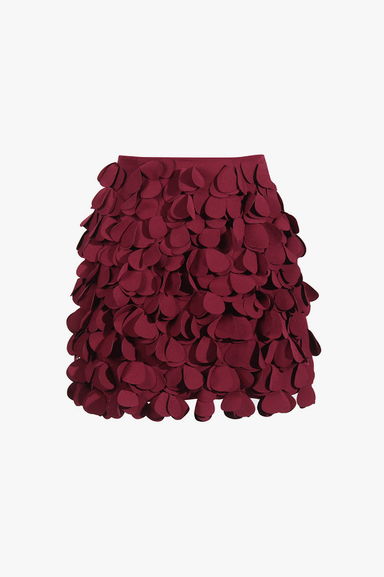 Vintage Wine High Waist Layered 3D Petal Embellished Bodycon Mini Skirt