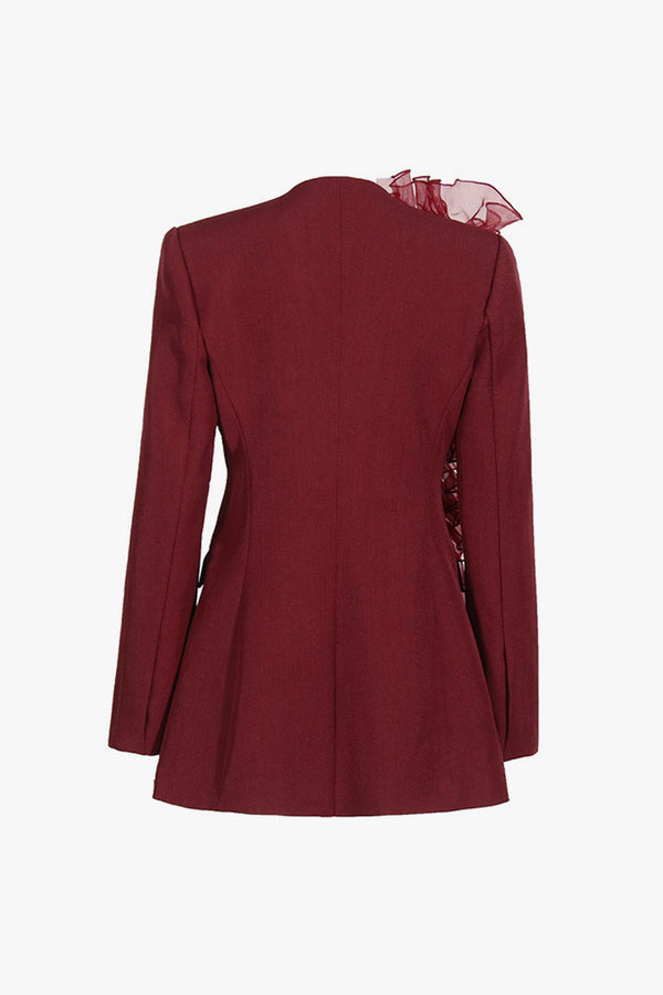 Voluminous Ruffle Collarless Strong Shoulder Long Sleeve Cinch Waist Blazer