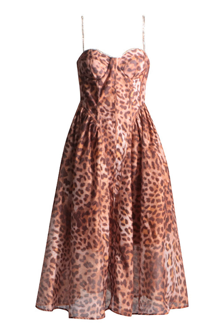 Wild Leopard Jeweled Bustier Drop Waist Bubble Cami Cocktail Midi Dress