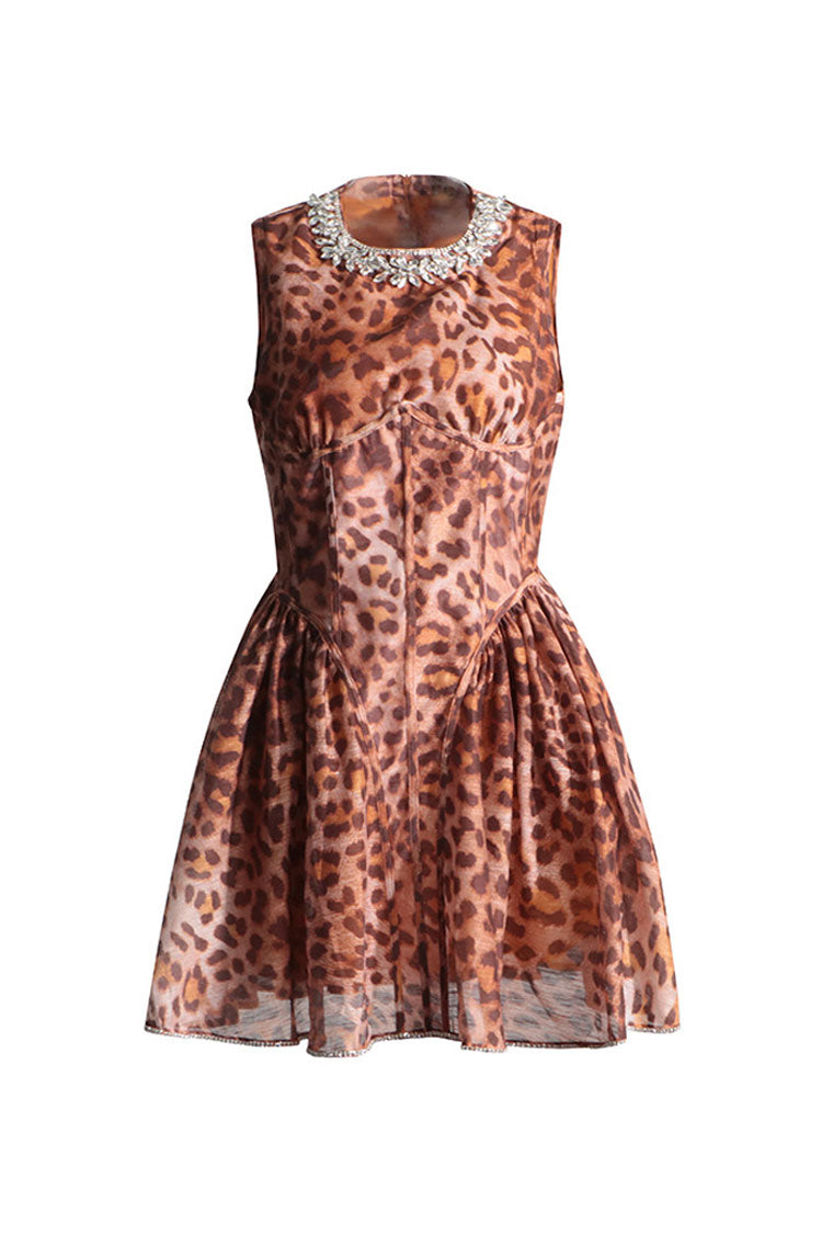 Wild Leopard Print Jeweled Neck Drop Waist Bubble Tank Party Mini Dress