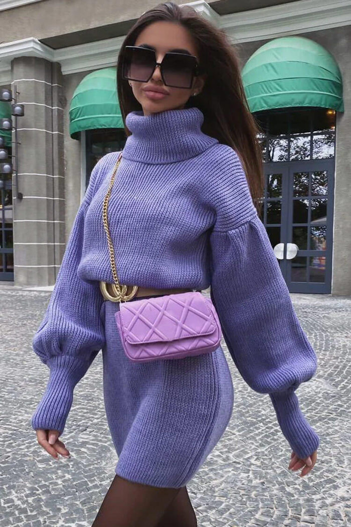 Bishop Sleeve Turtleneck Winter Sweater Midi Dress Purple Rosedress