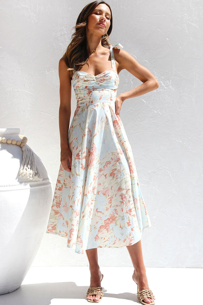 Breezy Tie Strap Fit Flare Floral Printed Summer Midi Sundress Lig Rosedress