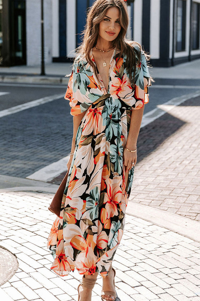 Breezy V Neck High Split Chiffon Beach Vacation Maxi Dress Floral Rosedress