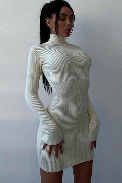 Chic High Neck Long Sleeve Bodycon Rib Knit Sweater Mini Dress - White –  Rosedress