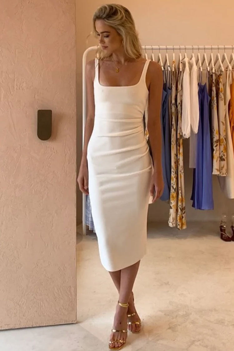Elegant Square Neck Ruched Trim Sleeveless Bodycon Midi Dress - White –  Rosedress