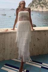 Flattering Layered Fringe Tube Top Midi Skirt Two Piece Dress - White