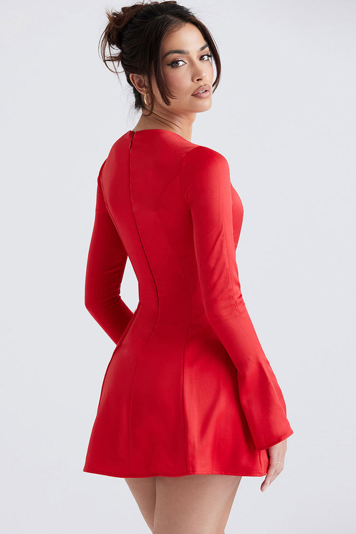 Flowy Crew Neck Long Sleeve Fit Flare Holiday Satin Mini Dress Red Rosedress