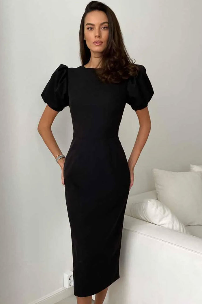 French Crew Neck Puff Sleeve Cocktail Party Midi Dress Black Rosedress