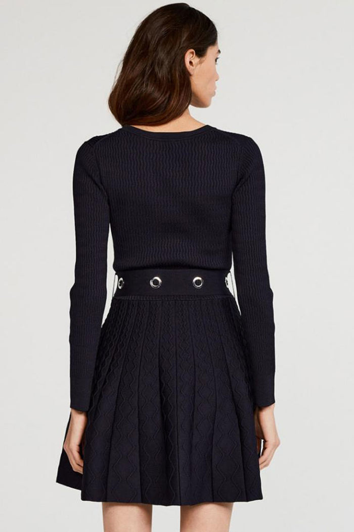 Long Sleeve Ribbed Sweater Winter Skater Mini Dress Navy Blue Rosedress