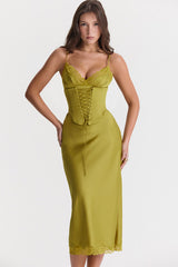 Sexy Party Lace Up Belt V Neck Lace Satin Slip Midi Dress - Chartreuse