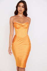 Silky Cowl Neck Corset Satin Midi Cocktail Dress - Burnt Orange