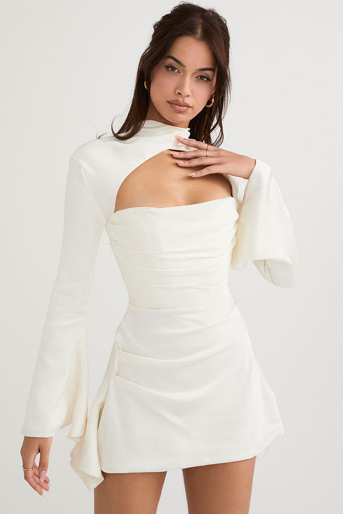 Fashion white long sleeve satin dress