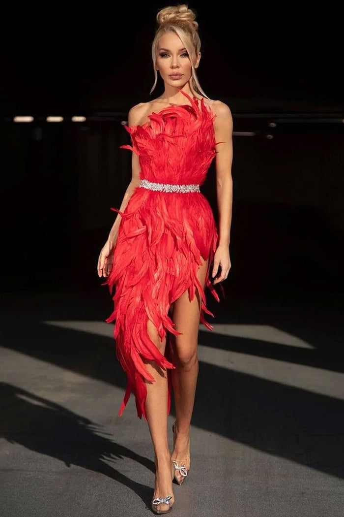 High Slit Feather Midi Dress - Red ...