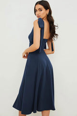 Tie Strap Fit & Flare High Slit Slip Midi Dress - Navy Blue