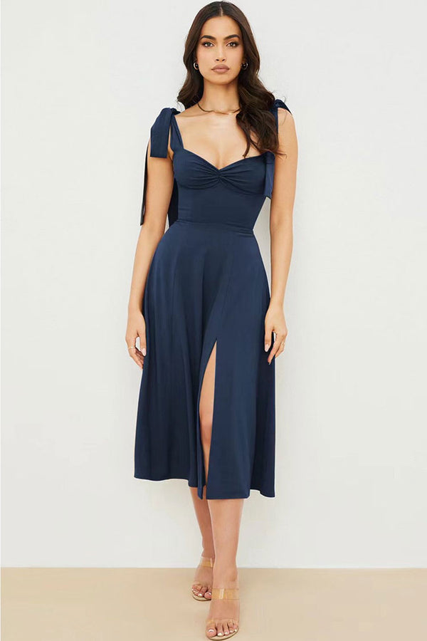 Tie Strap Fit & Flare High Slit Slip Midi Dress - Navy Blue