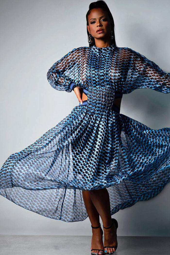 Wave Print Cutout Long Sleeve High Neck Pleated Maxi Dress Blue Rosedress